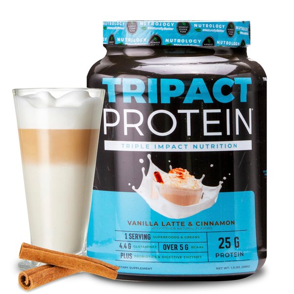 Nutrology TRIPACT Protein Powder, Vanilla Latte Cinnamon Flavor, 7-in-1 Meal Replacement Shake with Grass Fed Whey Protein Powder, Pea Protein Powder, Greens, Probiotics & BCAAs, 20 Servings