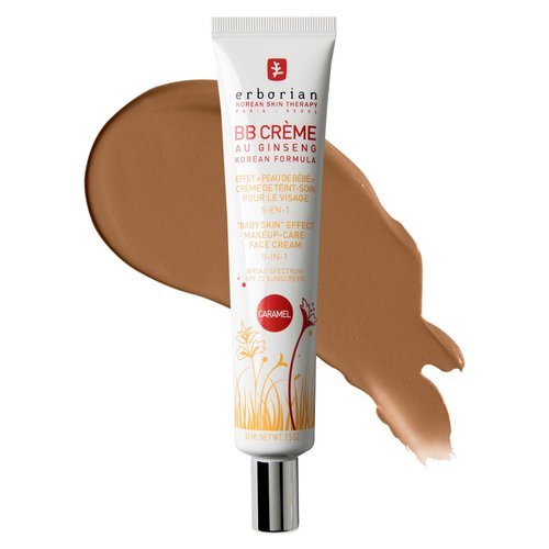 Erborian BB Cream with Ginseng, Caramel - Lightweight Buildable Coverage with SPF 20 & Ultra-Soft Matte Finish Minimizes Pores, Blemishes & Imperfections - Korean Face Makeup & Skincare - 1.5 Oz