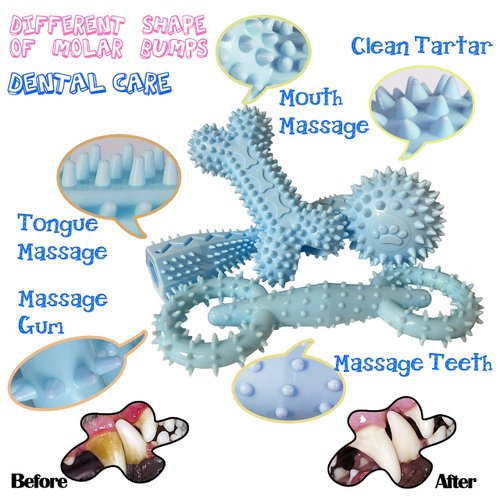 4 Pack Puppy Toys for 2-8 Months Pets Dog Chew Toy for Small Puppies Teething Toys for Cleaning Teeth Food Dispensing Soft Durable Rubber Bone Funny Ball Interactive Donut Treat Dumbbell (Blue)