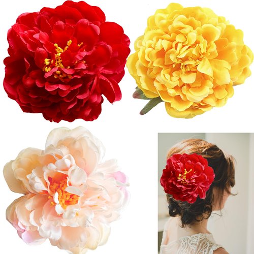 RrUuIiEn Peony Flowers for Hair 5.5-Inch Hair Flowers Clips 3 PCS Pink, Yellow, Red Flower Hair Clip, Brooch for Tropical Touch, Women Girls Brides Party Wedding Decor