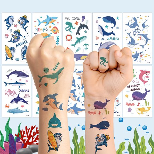 Baby Shark Temporary Shark Stickers Tattoos Face Body Tattoos Stickers Sea Animal Fish Under The Sea Ocean for Boys Girls Birthday Party Decorations 10 sheets
