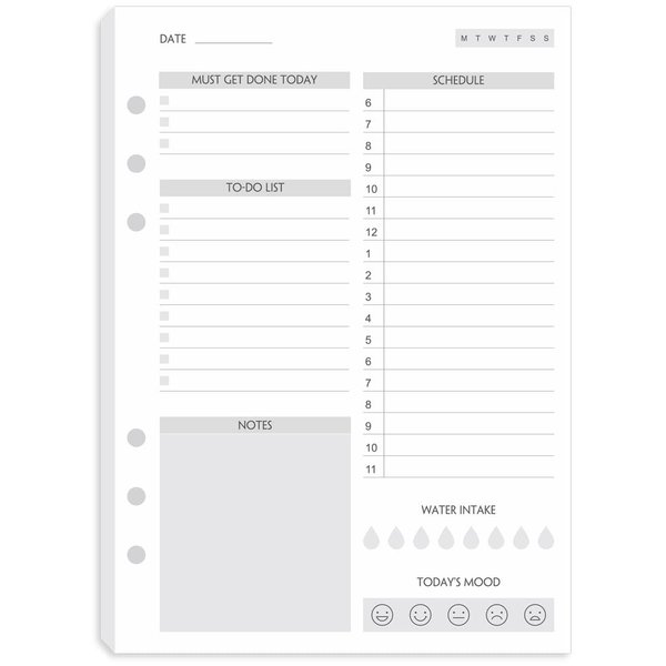 (Set of 90 Sheets) A5 To Do List Refill Paper, Undated Daily Schedule, Day Priorities, Notes and Water Tracker, 6-Hole Punches, 5.82"x8.26"