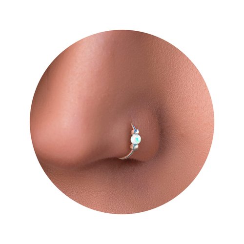 Tiny White Opal Nose Ring – Thin 24 Gauge 7mm nose piercing hoop - 925 sterling silver Nose Hoop – Fire White 2mm Opal - Dainty Gift Wrapped Ready Purchase
