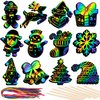RICEDUO 48 Pcs Christmas Scratch Crafts Art for Kids, Rainbow Christmas Scratch Paper Art with Wooden Sticks, Christmas Ornaments for Kids Party Favors Supplies