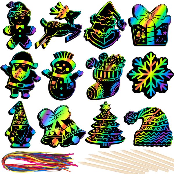 RICEDUO 48 Pcs Christmas Scratch Crafts Art for Kids, Rainbow Christmas Scratch Paper Art with Wooden Sticks, Christmas Ornaments for Kids Party Favors Supplies