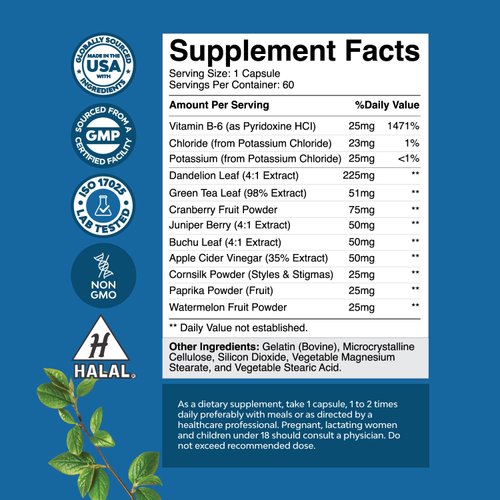 Natural Diuretic Water Away Pills Vitamin B6 Potassium & Dandelion Root Extract Water Retention Anti-Bloating and Swelling Capsules Weight Loss for Women & Men with Antioxidant Green Tea by Bio Sense