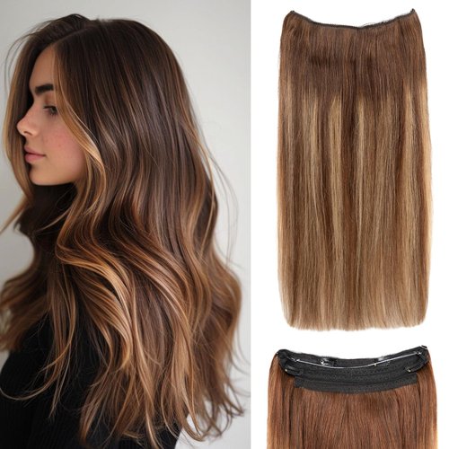 Tozoie Hola Hair Extensions Invisible Wire Hair Extensions with Transparent Wire Adjustable Size Removable Secure Clips in Straight Secret Hairpiece for Women (16 Inch,4T27P4)