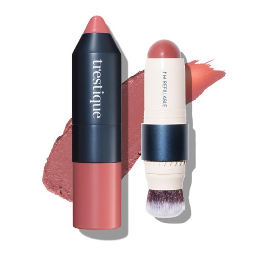 trestique Blush Stick, Vegan Blush Stick With Built-In Blush Brush, Pink Blush Makeup For Women, Rose Blush Makeup, 2-In-1 Creamy Blush Makeup