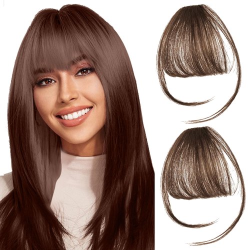 2PCS Hair Clip in Bangs, Curved Bangs Hair Clip Wispy Bangs with Temples Hairpieces,Bangs Clip in Hair Extensions Air Fringe Bangs Hair Extension Clips on Bangs for Women Girls - Light Brown