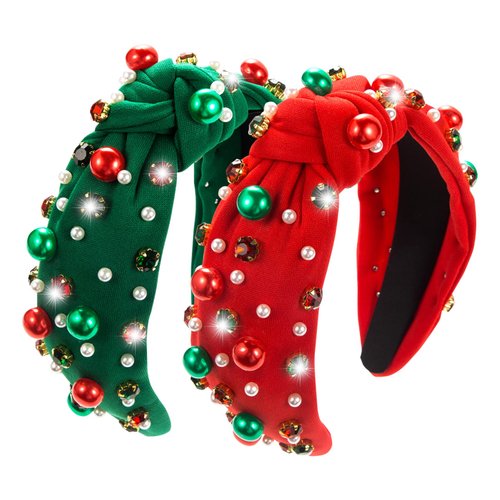 TailaiMei 2Pcs Christmas Rhinestone Knotted Headband for Women, Red & Green Jeweled Crystal Embellished Ladies Twist Wide Hair Band Accessories Holiday Makeup Hair Hoop Gifts (Pearl)