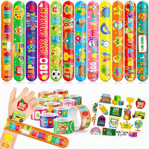 48 PCS 100 Days of school 24PCS 100 Days Temporary Temporary Tattoos Sticker 24PCS Slap Bracelets Perfect for Themed Birthday Party Favors Baby Showers or Classroom Rewards Ideal Decor and Gifts