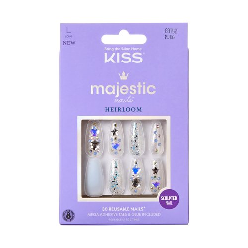 KISS Majestic Press On Nails, Nail glue included, Your Grace', Light Blue, Long Size, Coffin Shape, Includes 30 Nails, 2g glue, 2 Prep Pads, 2 of 24 Adhesive tabs, 2 manicure sticks, Mini file