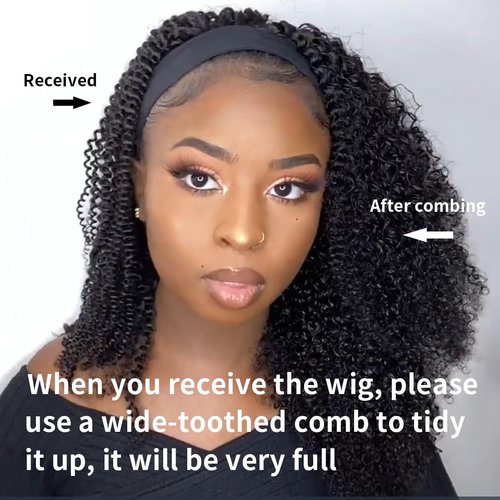 XSY Headband Wig Human Hair 20 Inch Kinky Curly Headband Wigs for Black Women Curly Human Hair Wigs Glueless None Lace Front Wig Brazilian Virgin Human Hair 150% Density Natural Black Color