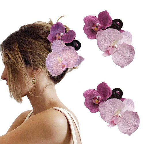 ITingstere Hawaiian Flower Claw Clips, 2Pcs Purple Orchid Hair Clips for Thick Hair, Y2K Glitter Butterfly Clip Headpiece Hair Accessories, Suitable for Women and Teens, Great Gift