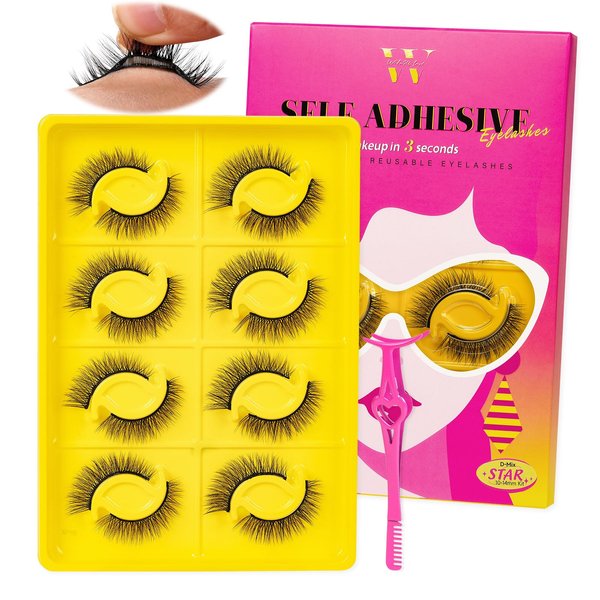 Self Adhesive Eyelashes Lash Clusters 8 Pairs Reusable Adhesive Eyelashes,No Glue Needed,No Sticky Residue Lashes with Tweezers for Diy Lashes Extension at Home by WLFRHD(Star,D-Mix10-14mm Kit)
