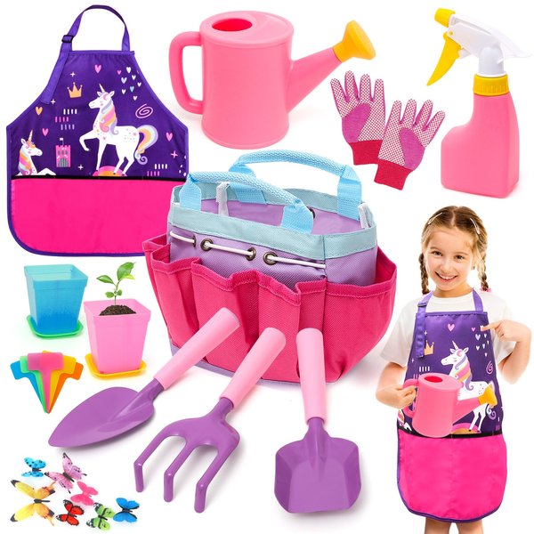 Kids Gardening Tools Set Includes Toddlers Gardening Gloves Sturdy Tote Bag Watering Can Shovel Rake Trowel Children Unicorn Apron Birthday Christmas Easter Gift for Kids Boys Girls