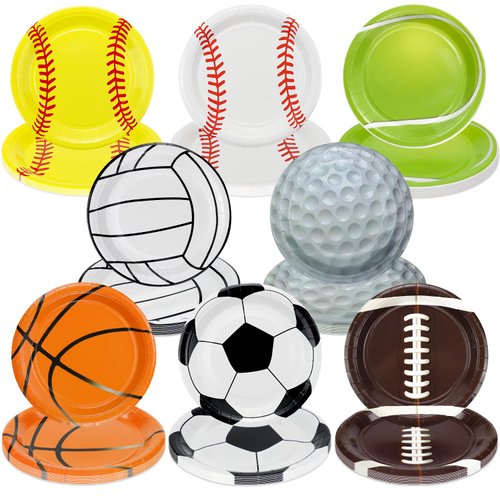 PTECDROTS 80Pcs Sports Paper Plates (9'') - Football, Basketball, Baseball, Soccer, Golf, Softball, Volleyball, Tennis - Disposable Dinner Plates for Kids Men Birthday Party Supplies