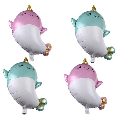2PCS 28 Inch Giant Happy Narwhal Shape Foil Mylar Balloon for Kids Birthday Party Decorations Baby Showers Party Supplies