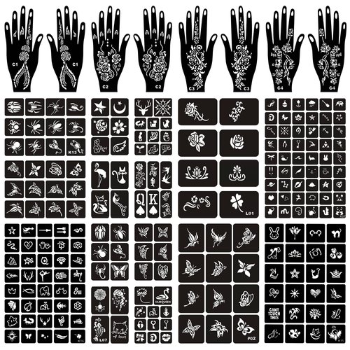 16 Sheets Henna Tattoo Stencils Kit Reusable for Women Girls and Kids, 130+ PCS Tattoo Stencil,Temporary Indian Arabian Glitter Airbrush Tattoo Stencils for Face Body Paint DIY
