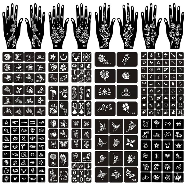 16 Sheets Henna Tattoo Stencils Kit Reusable for Women Girls and Kids, 130+ PCS Tattoo Stencil,Temporary Indian Arabian Glitter Airbrush Tattoo Stencils for Face Body Paint DIY