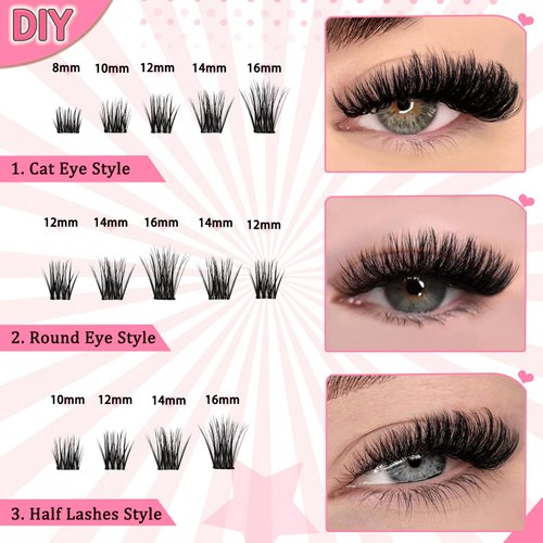 Self Adhesive Lash Clusters Kit Flu-ffy 8-16mm No Glue Lashes Press On Lashes, 60 Pcs Glueless DIY Eyelash Extensions Kit Pre Bonded Lash Clusters with Eyelash Curler and Lash Tweezers(No Glue FD24)