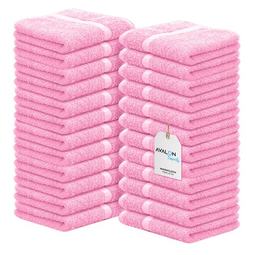 Avalon Towels Cotton Washcloths – (Pack of 24) Size 12x12 Inches Ring Spun, Super Absorbent, Soft Face Towels, Gym Towels, Hotel and Spa Quality, Multipurpose Towels Reusable Fingertip Towels (Pink)