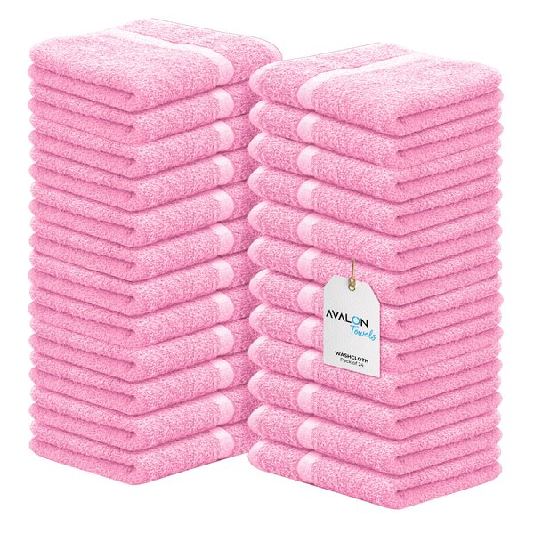 Avalon Towels Cotton Washcloths – (Pack of 24) Size 12x12 Inches Ring Spun, Super Absorbent, Soft Face Towels, Gym Towels, Hotel and Spa Quality, Multipurpose Towels Reusable Fingertip Towels (Pink)