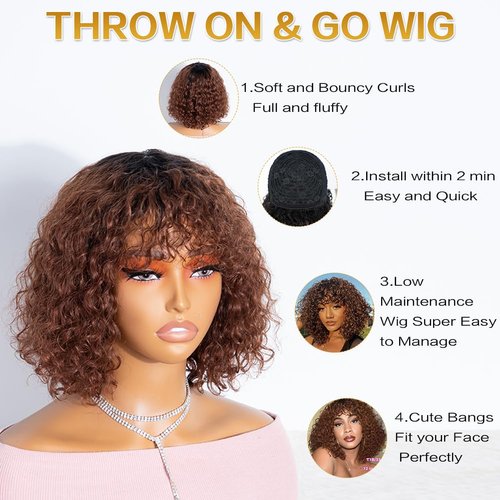 JOEDIR HAIR Short Curly Wig with Bangs Human Hair for Women Ombre Brown 10 inch Short Water Wave Curly Bob Wig Glueless Wig 150% Density (Color: TT1B/33)