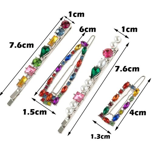 Pack 4 Rainbow Color Rhinestone Hair Clips Vintage Style Women Girls Hair Accessories, Silver