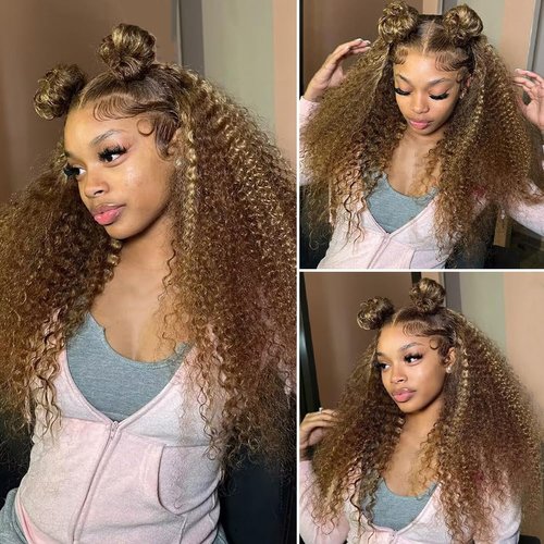 CYNOSURE Ombre Highlight Lace Front Wigs Human Hair Colored 180% Density Curly Honey Blonde Wig Colored Human Hair 13X5 Lace Frontal Wigs Pre Plucked Hairline (20 Inch, Highlight)