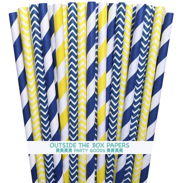 Outside the Box Papers Yellow and Navy Blue Chevron and Stripe Paper Straws 7.75 Inches- 100 Navy Blue, Yellow