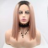 xiweiya Short Rose Gold Straight Cut Bob Lace Front Wigs with Dark Root Middle Part Short Pink Bob Short Soft Wig Heat Resistant Fiber Hair Replacement Wig Women Drag Queen Makeup 14inch