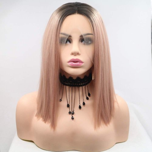 xiweiya Short Rose Gold Straight Cut Bob Lace Front Wigs with Dark Root Middle Part Short Pink Bob Short Soft Wig Heat Resistant Fiber Hair Replacement Wig Women Drag Queen Makeup 14inch