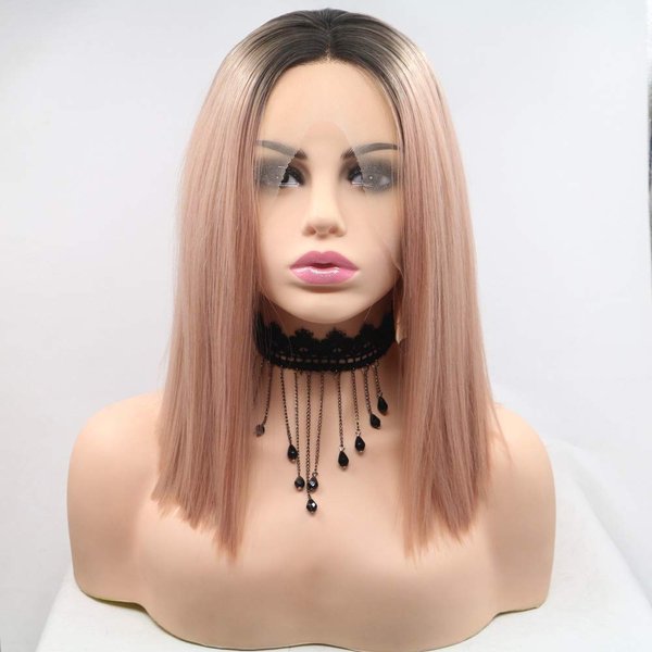 xiweiya Short Rose Gold Straight Cut Bob Lace Front Wigs with Dark Root Middle Part Short Pink Bob Short Soft Wig Heat Resistant Fiber Hair Replacement Wig Women Drag Queen Makeup 14inch