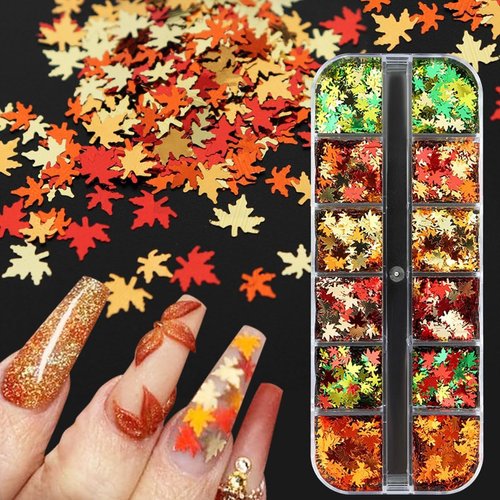 Fall Nail Art Glitter Maple Leave Nail Sequin Glitter Autumn Nail Supplies Holographic Yellow Gre...