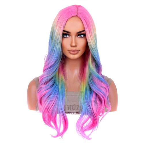BERON Rainbow Ombre Wigs Long Wavy Wig for Women Colorful Ombre Curly Heat Resistant Synthetic Hair Wigs for Daily Used with Wig Cap