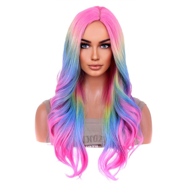 BERON Rainbow Ombre Wigs Long Wavy Wig for Women Colorful Ombre Curly Heat Resistant Synthetic Hair Wigs for Daily Used with Wig Cap