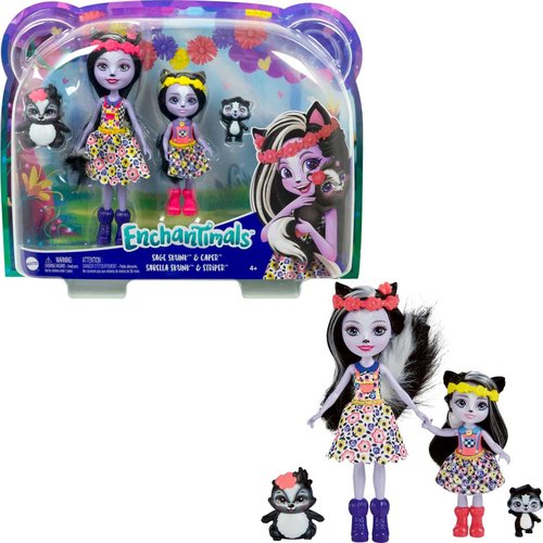 Enchantimals Family Set with 2 Sister Small Dolls & 2 Animal Figures, Sage (6-inch) & Sabella (4-inch) Skunk Dolls in Removable Skirts & Accessories