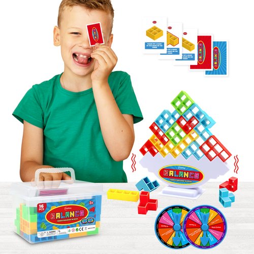 iYuePeng 16PCS Tetra Balance Tower Drop Game Fun Stacking Blocks with Storage Box & Wheel Spinner Balancing Interactive Board Games for Kids Age3+ Perfect for Family Game Night, Classroom