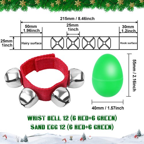 Augshy 24 Packs Christmas Shaker Musical Instruments for Kids, 12 Packs Egg Shaker and 12 Packs Wrist Hand Band Jingle Bells (Red & Green)