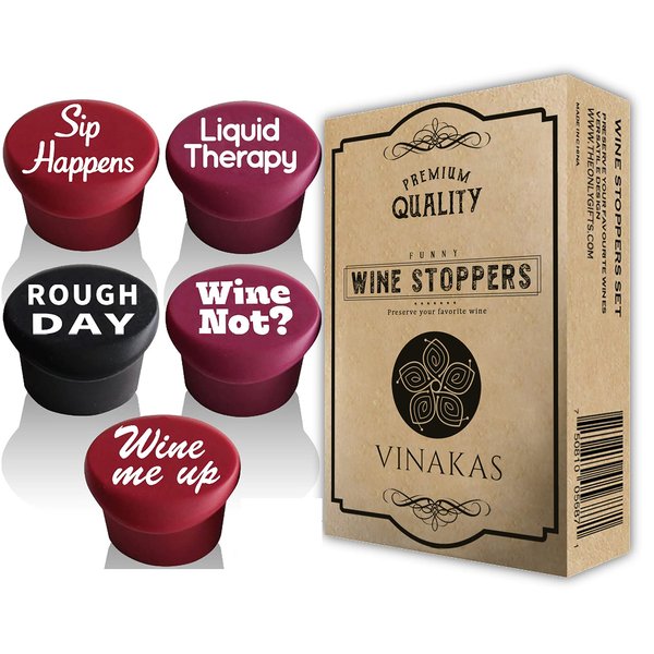 5 Funny Wine Stoppers - Perfect as Wine Accessories or Wine Gifts for Women - Set of 5 Funny Silicone Wine Bottle Stopper. A Great Christmas Gifts For Women Or Men. Better Than Wine Corks.