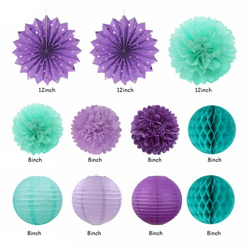 Teal-purple Lavender Girl Mermaid-birthday Party-decorations - 21pcs Happy Banner,Under The Sea Ocean Paper Lanterns Honeycomb Streamers,Tissue Pom Poms Flower Fan,Classroom Hanging Decor Huglony