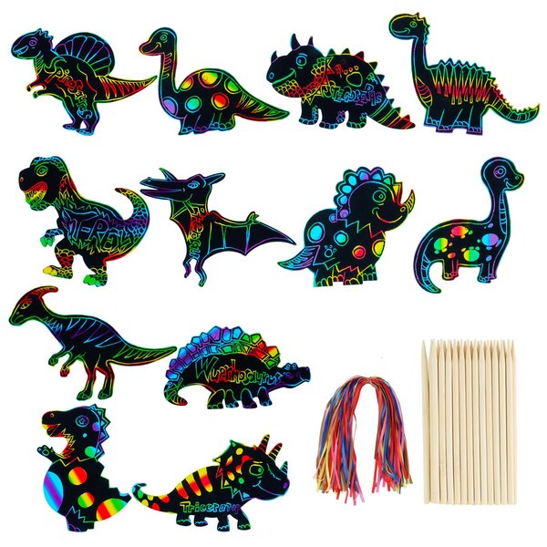 MEIVINES 60PCS 12Style Magic Color Scratch DIY Dinosaur Paper Scratch Craft Kits Rainbow Scratch Paper Art Sets with Scratching Tools Ribbon for Party Favors Activities