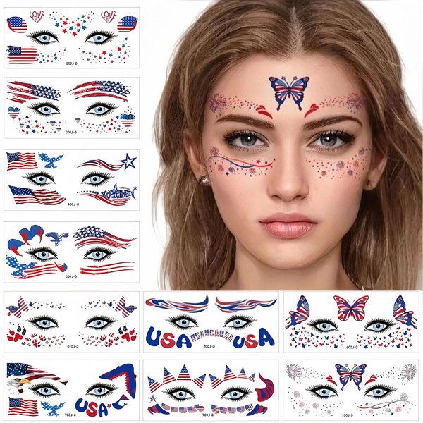 FULANSI 10 Sheets 4th of July Face Fake Tattoos Patriotic Temporary Tattoos for Kids Adults USA Flag Star Heart Butterfly Eagle Tattoo Kit Independence Day Parade Party Eye Makeup Face Decor Supplies