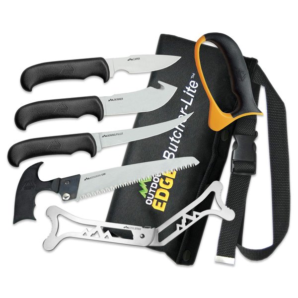 OUTDOOR EDGE ButcherLite 8-Piece Butcher Knife Set | Features a Nylon Roll Pack Case that Doubles as a Belt Scabbard | Razor-Sharp Full-Tang Caping & Boning Knives, Skinning Knife, Bone Saw & More