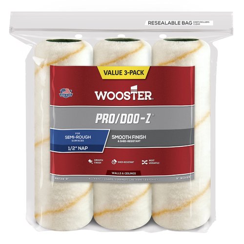 Wooster Brush RR724-9 Pro/Doo-Z Roller Cover, 1/2 Inch Nap, 9 Inch (3-Pack), White