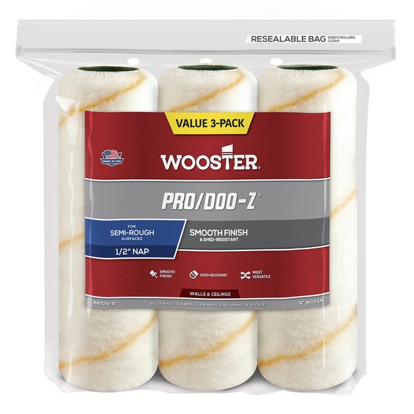 Wooster Brush RR724-9 Pro/Doo-Z Roller Cover, 1/2 Inch Nap, 9 Inch (3-Pack), White