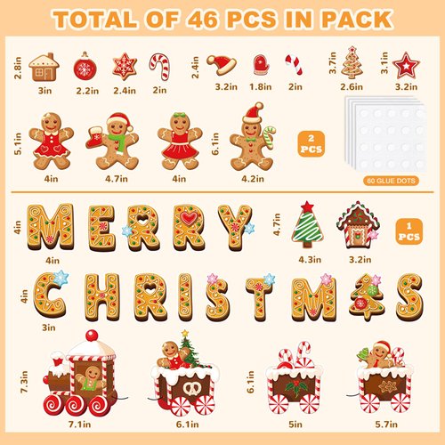 Whaline 46Pcs Christmas Gingerbread Cutouts Merry Christmas Letter Cut Outs with 60 Glue Points Xmas Gingerbread Bulletin Board Decoration Set for School Classroom Home Office Wall