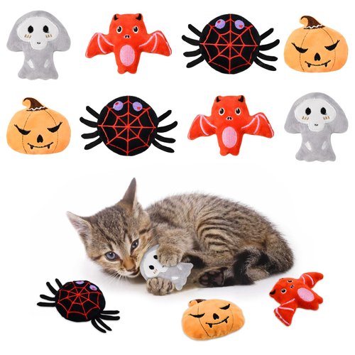 Vehomy 8PCS Halloween Cat Catnip Toys Plush Cat Teething Toys with Crinkle Paper Cat Halloween Pumpkin Spider Bat Ghost Interactive Toys Catnip Toy for Kitten Cat Kitty