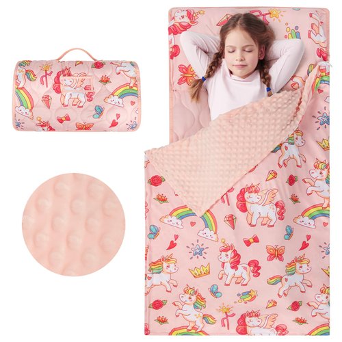 YCDTMY Daycare Nap Mat, Kids Sleep Mat with Pillow and Minky Blanket, Slumber Bags with Carry Handle Name Tag, Toddler Sleeping Mat for Preschool Travel Camping, Pink Unicorn